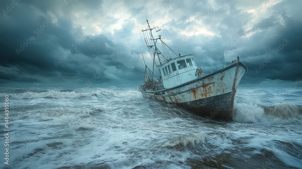 Obraz premium Abandoned Fishing Vessel Stranded on Stormy Shore with Dramatic Cloudy Sky and Turbulent Waves