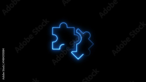Glowing blue puzzle pieces connected on black background animation loop