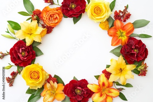 Colorful floral arrangement in a circular frame design.