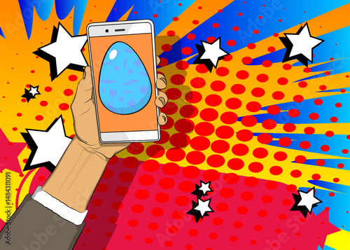 Cartoon Smartphone, comic book Telephone with Easter Egg. Retro vector comics pop art design.