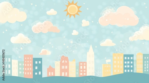 Pastel city scene with clouds, sun, sparkles, and various building shapes