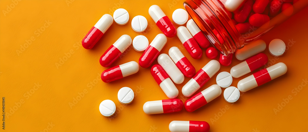 Scattered Red And White Pills On Orange Background Scattered Red And White Pills On Orange Background