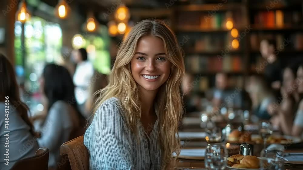 Happy woman smiles at camera in a restaurant Happy woman smiles at camera in a restaurant