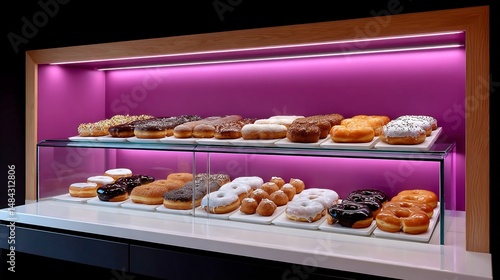 Delicious Donuts Display Sweet Treats in Modern Bakery.