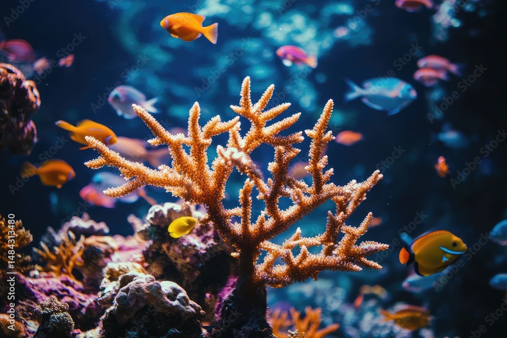 Fototapeta premium Vibrant coral reef teeming with diverse fish species in a clear blue ocean.