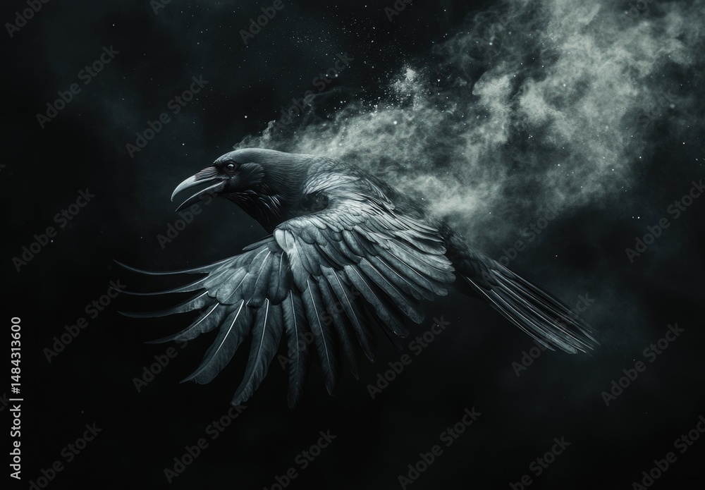 Obraz premium Majestic Black Bird in Flight with Ethereal Smoke Effects on Dark Background