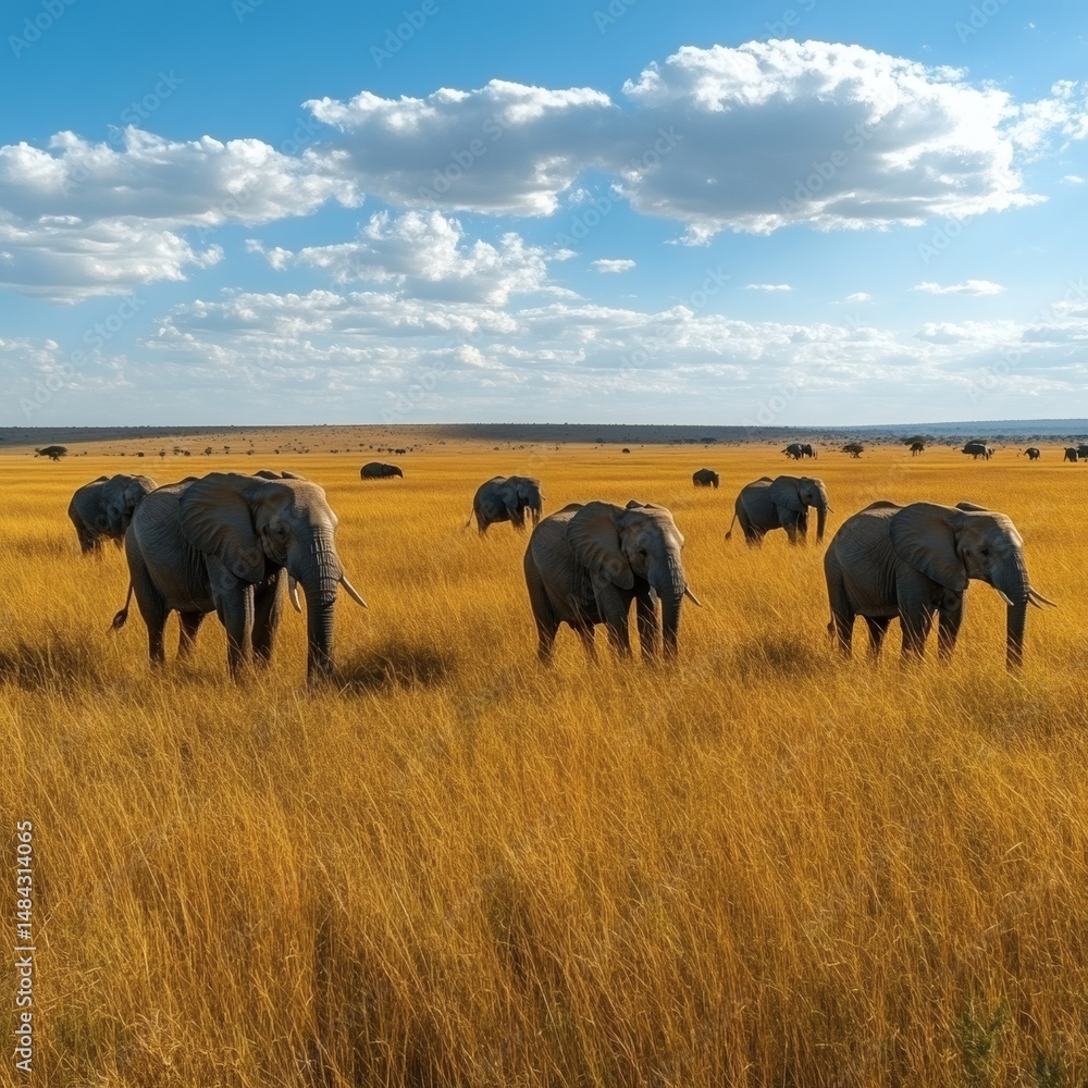 Fototapeta premium Elephants in Savanna under Blue Sky 