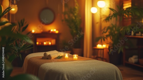 Tranquil spa room bathed in warm candlelight.  Relaxing space for massage