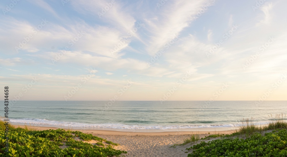 Serene Seascape: Beach at Sunset with Calm Ocean and Pastel Sky Serene Seascape: Beach at Sunset with Calm Ocean and Pastel Sky