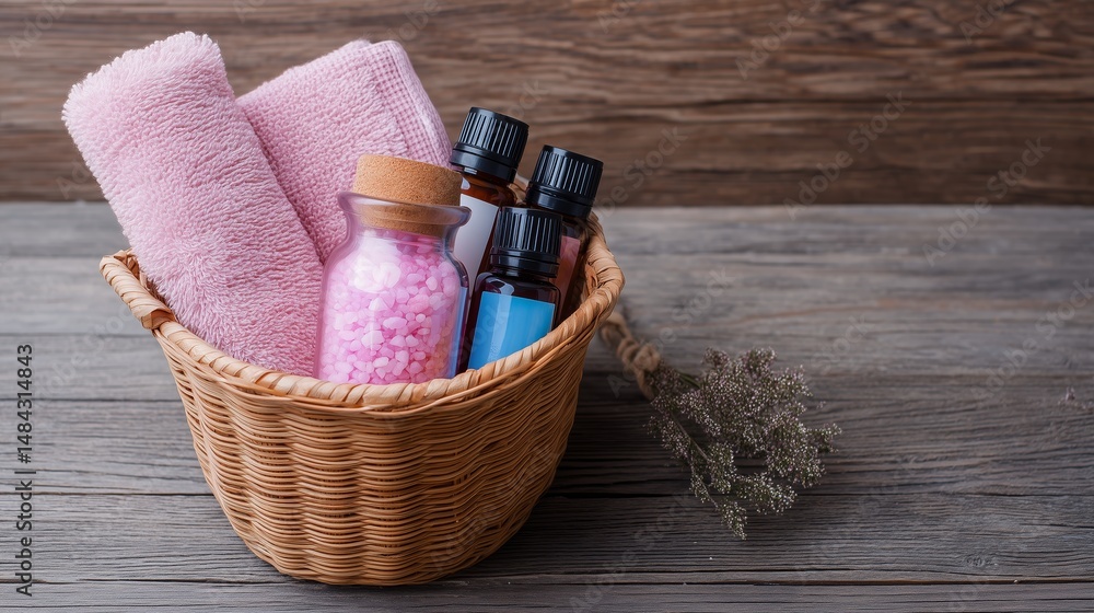 Home spa essentials featuring aromatic oils and bath salts in a woven basket with soft towels for relaxation