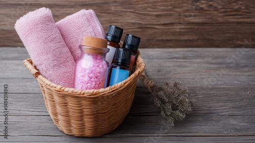 Obraz na płótnie Home spa essentials featuring aromatic oils and bath salts in a woven basket with soft towels for relaxation w salonie