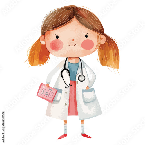 girl doctor cute watercolors illustration isolated on white background