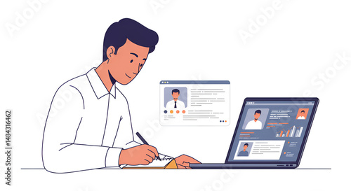 Man Reviewing Resumes on Laptop - Flat Illustration