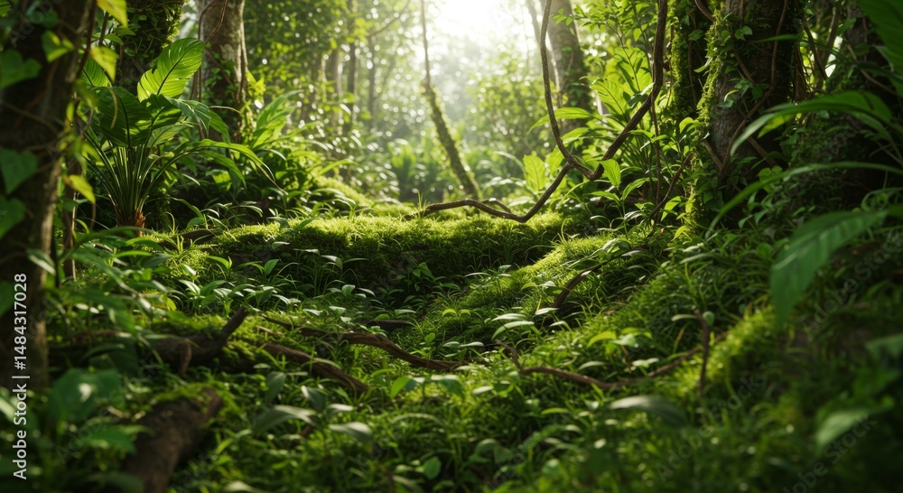 Fototapeta premium Lush Green Tropical Jungle with Sunlight Path