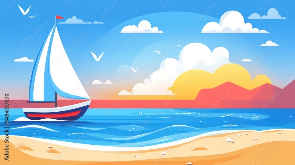 Naklejka premium Seascape with sailboat at sunset. Beach, calm water, puffy clouds