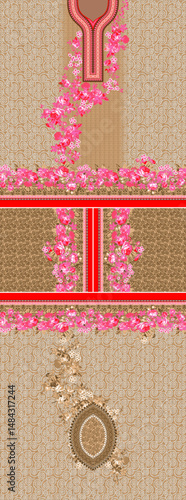 Elegant Floral Beige Ethnic Suit Design – Digital 3PC Unstitched Fabric Panel with Pink Rose Print!