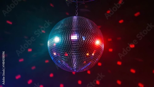 captured from a low-angle shot, creating a dynamic, energetic video party atmosphere. Live desktop wallpaper. 4k, disco ball on a dark background, disco ball with colorful reflections, 