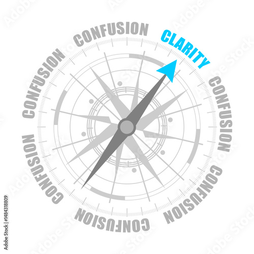 The needle of compass points to the word clarity ignoring the words confusion. Psychology concept.