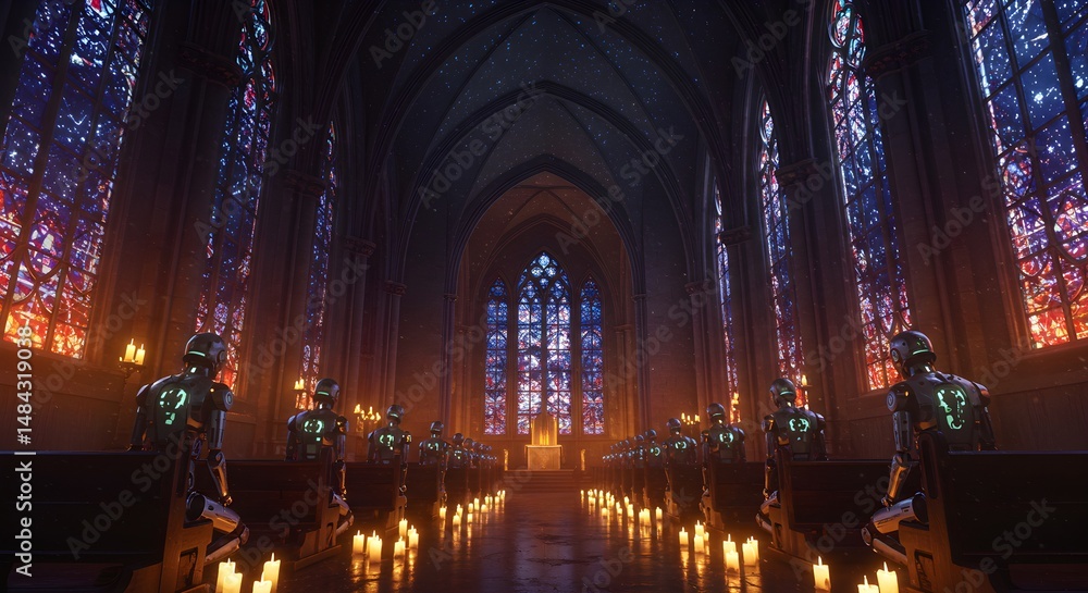 Fototapeta premium Gothic Cathedral Interior with Robots and Stained Glass Windows at Night