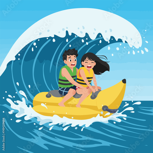 Riding Banana Boat on Wave with Smiling People Having Fun