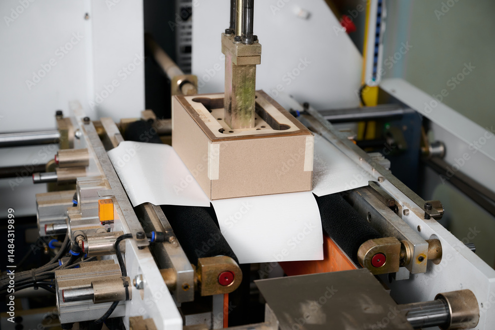 Semi-automatic wrapping machine efficiently encases rectangular boxes in a bustling production facility Semi-automatic wrapping machine efficiently encases rectangular boxes in a bustling production facility