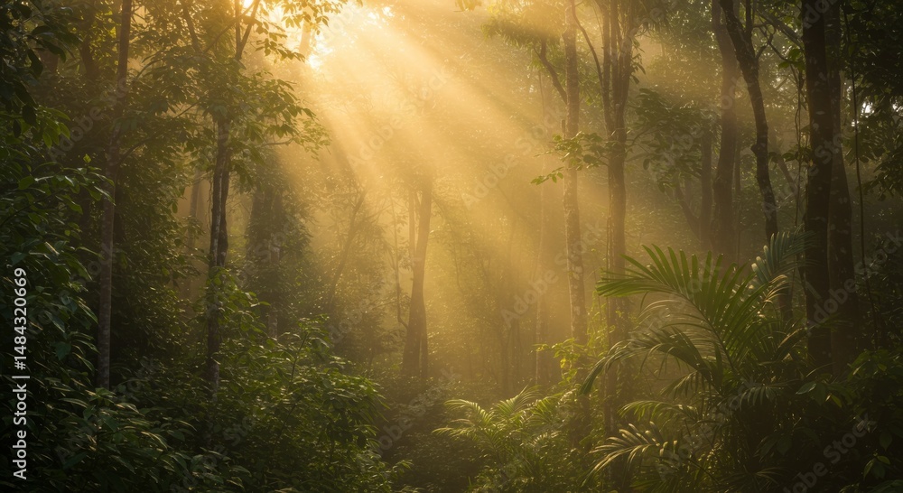 Obraz premium Golden Sunlight Streaming Through Lush Green Forest