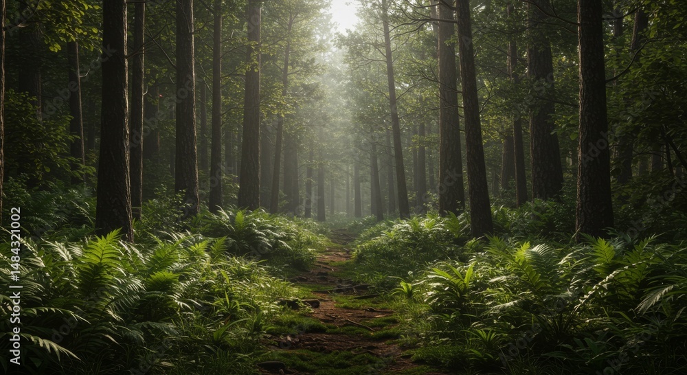 Obraz premium Sunlit Path Through Lush Green Forest