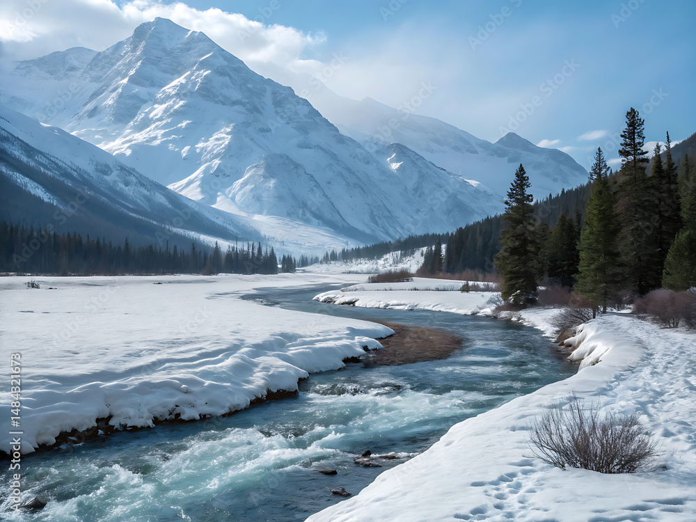 Fototapeta premium A pristine river flows through a snow-covered valley, framed by majestic, snow-capped mountains under a clear blue sky with wispy clouds.