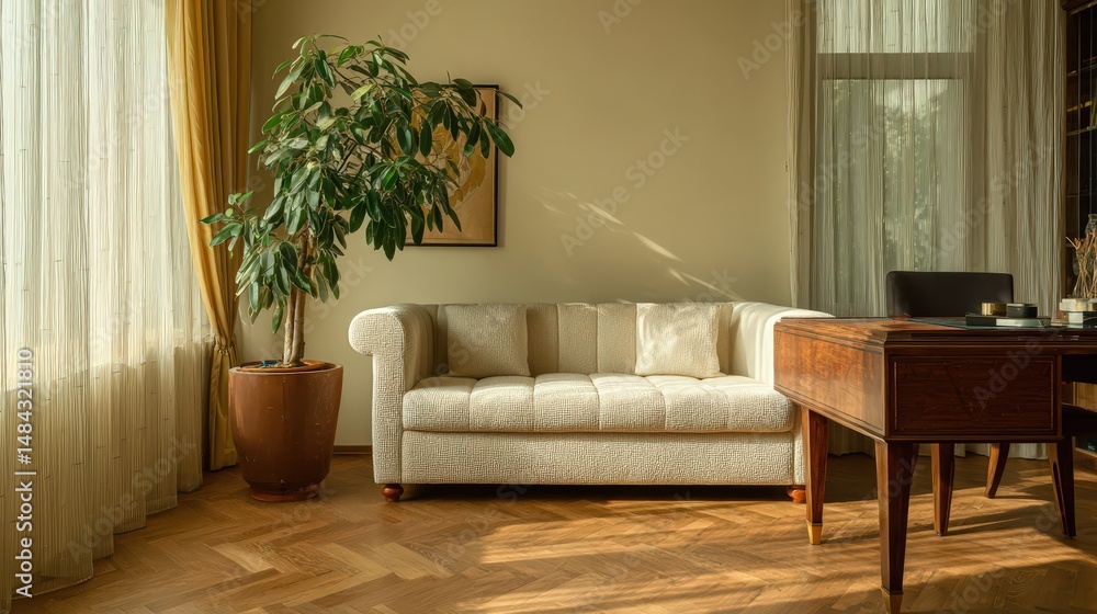 Fototapeta premium Cozy living room with sofa and potted plant by the window.