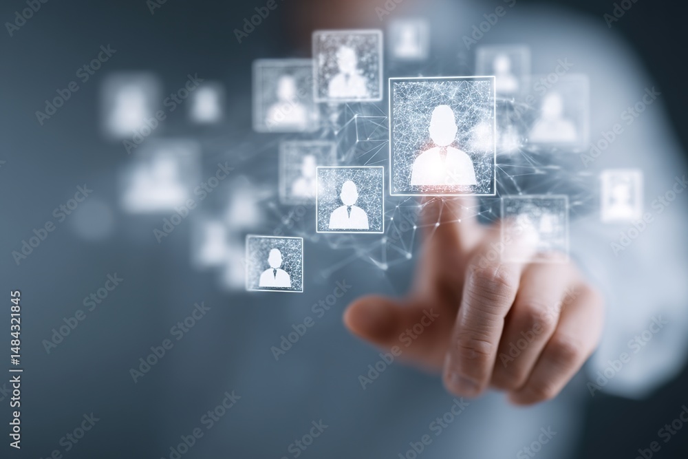 Human resource management technology (HR), Human resource manager touching human resource network structure and checks the CV online to choose the perfect employee for company, Effective recruitment. Human resource management technology (HR), Human resource manager touching human resource network structure and checks the CV online to choose the perfect employee for company, Effective recruitment.