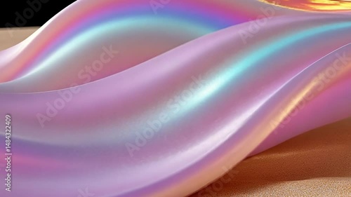 Colorful Iridescent Shell on Sandy Surface with Soft Curves and Gentle Waves in Natural Light