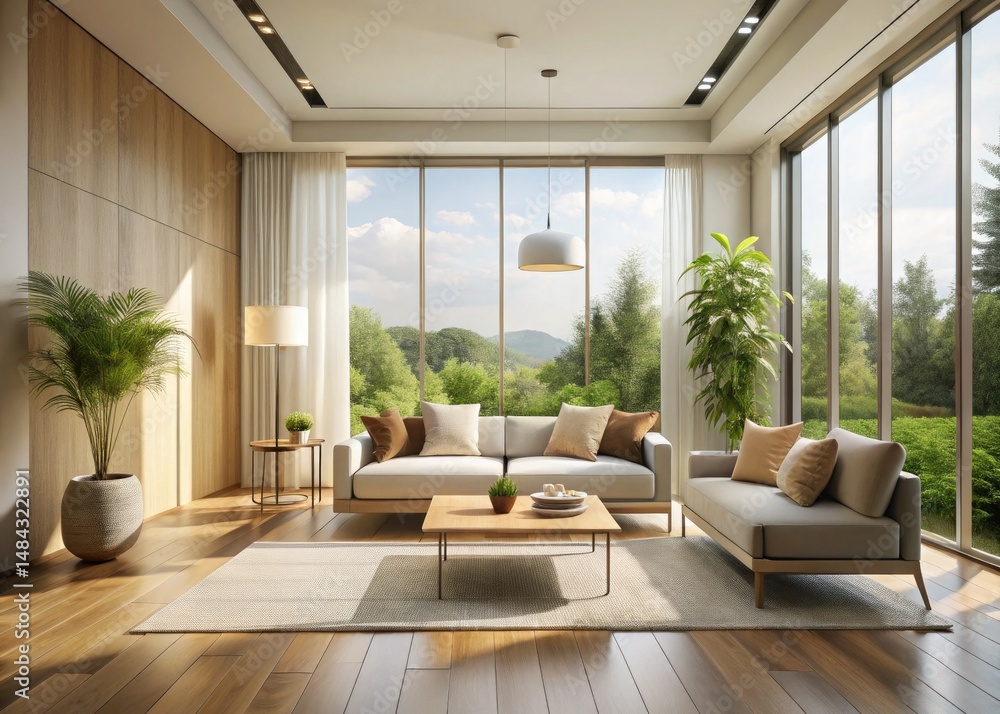 Fototapeta premium Minimalist Modern Interior Design Panoramic, Contemplative Space, Calm Room, Architectural Photography