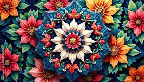 Intricate floral pattern within a geometric hexagon , print, summer, floral