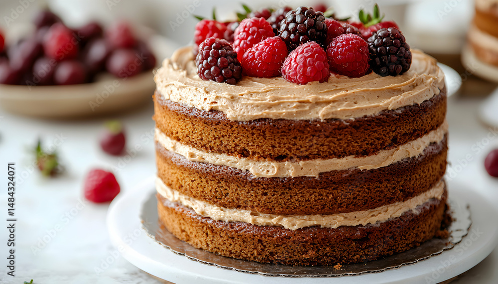 A beautifully layered cake topped with fresh raspberries and blackberries, set against a backdrop of berries and a rustic kitchen A beautifully layered cake topped with fresh raspberries and blackberries, set against a backdrop of berries and a rustic kitchen