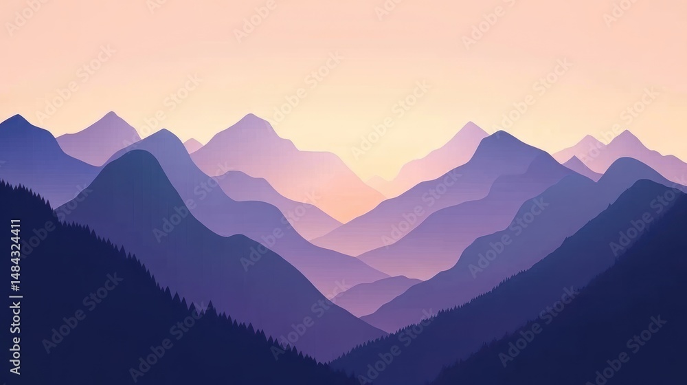 Obraz premium Purple mountain silhouettes layered beneath a soft, pastel sky at dawn
