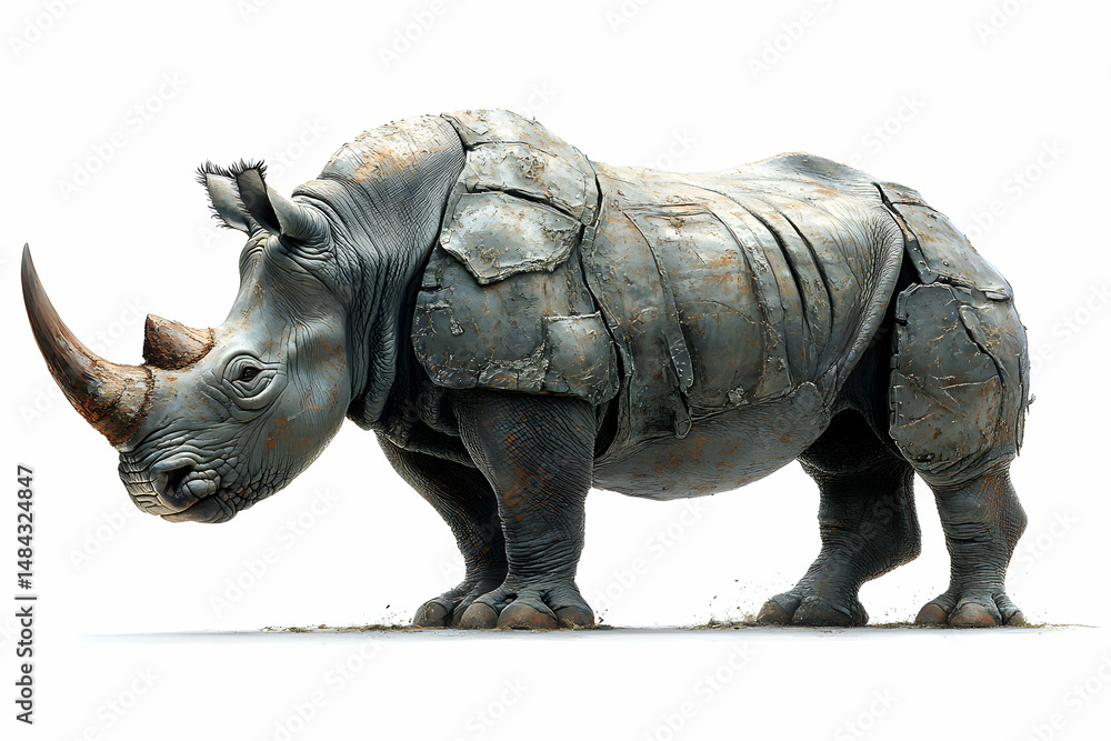 Fototapeta premium A majestic rhinoceros stands prominently, showcasing its textured skin and powerful presence against a minimalist background