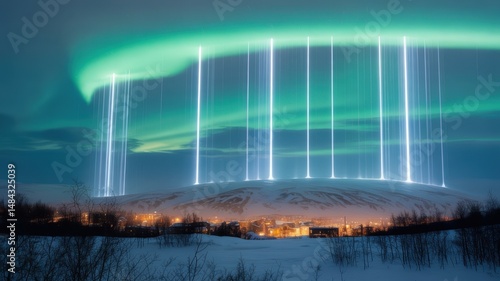 Ethereal Light Pillars Dance with Aurora Over Snowy Arctic Town at Night