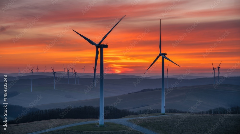 Obraz premium Ethereal Sunset Painting the Sky Above a Wind Farm on Hazy Undulating Hills