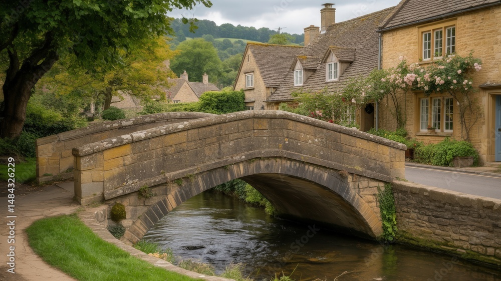 Fototapeta premium Historic Stone Arch Bridge Spanning a Gentle River in a Quaint European Village Setting