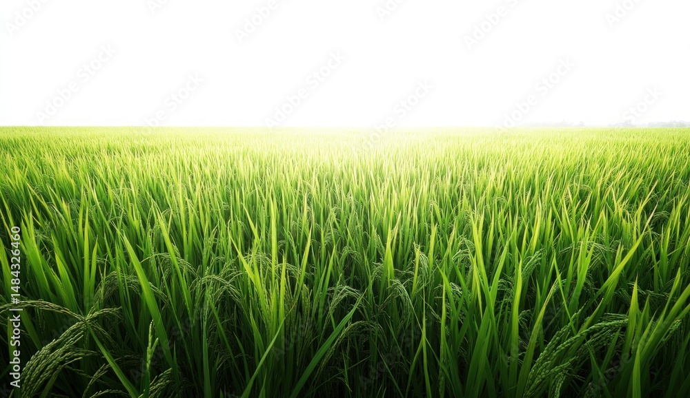 Obraz premium Lush Green Rice Field Under Bright Sky During Daylight, Natural Agriculture Landscape in Rural Area