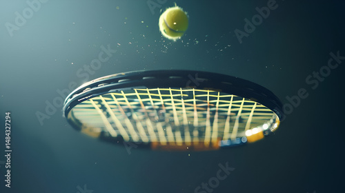 Close up of a tennis racket with a tennis ball about to hit the strings in a dark environment