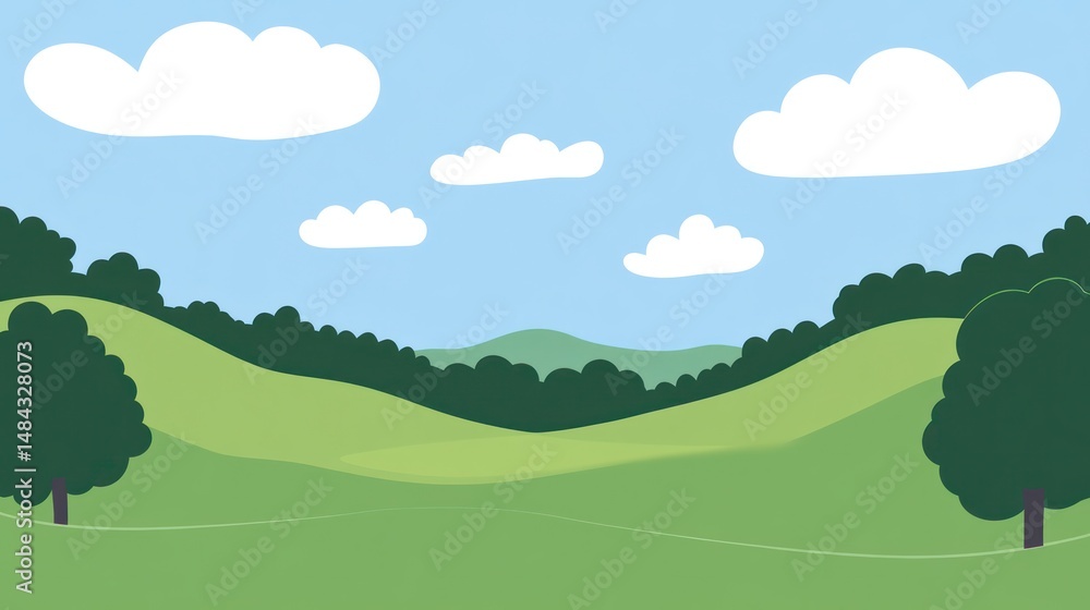 Gentle hills, lush green fields, clear blue sky, fluffy clouds. Simple, serene countryside scene Gentle hills, lush green fields, clear blue sky, fluffy clouds. Simple, serene countryside scene