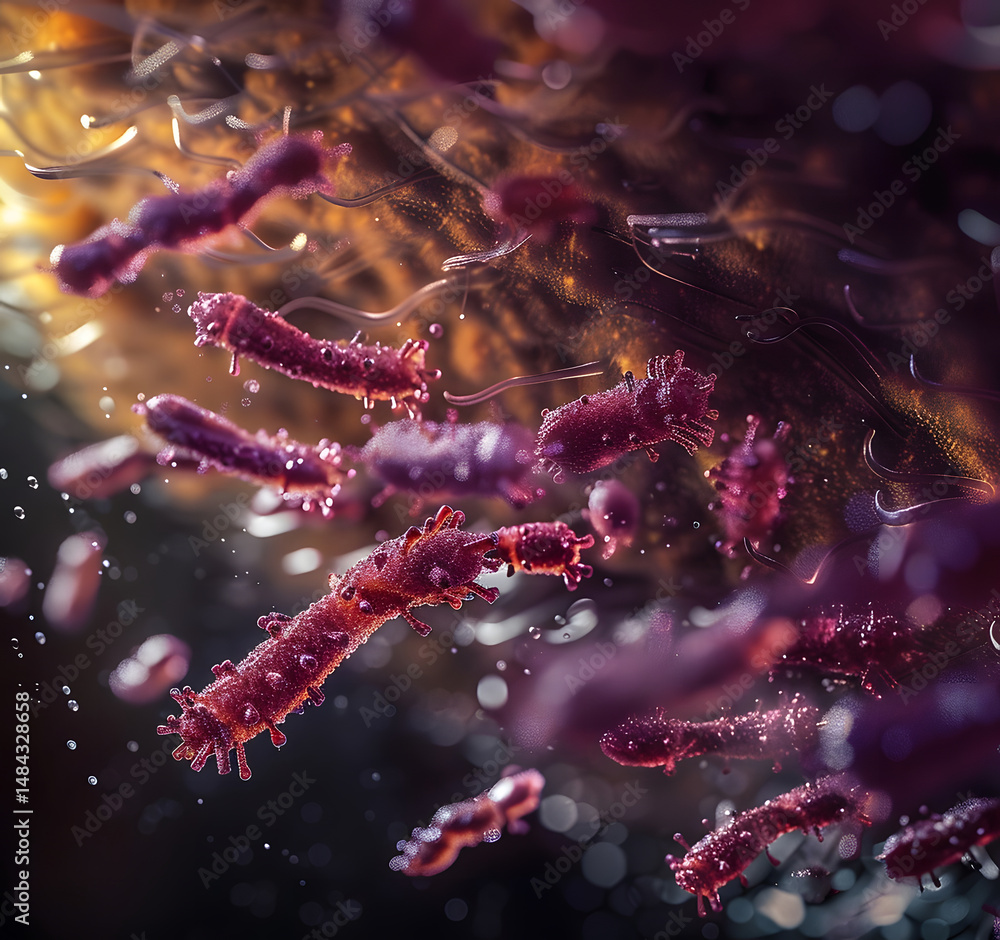 Fototapeta premium Vibrant Microorganisms in Shades of Red and Orange, Displaying Complex Structures