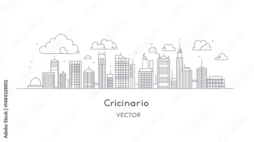 Naklejka premium Minimalist city skyline outlined against a white background with fluffy clouds above
