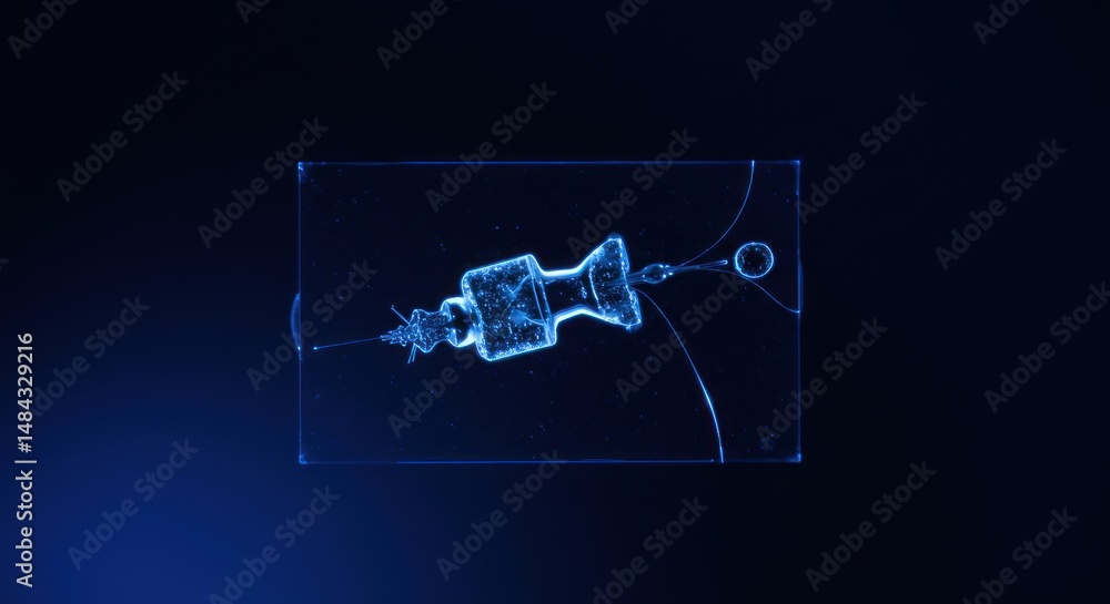 Obraz premium Gleaming microfluidic device with droplet formation under dark blue illumination