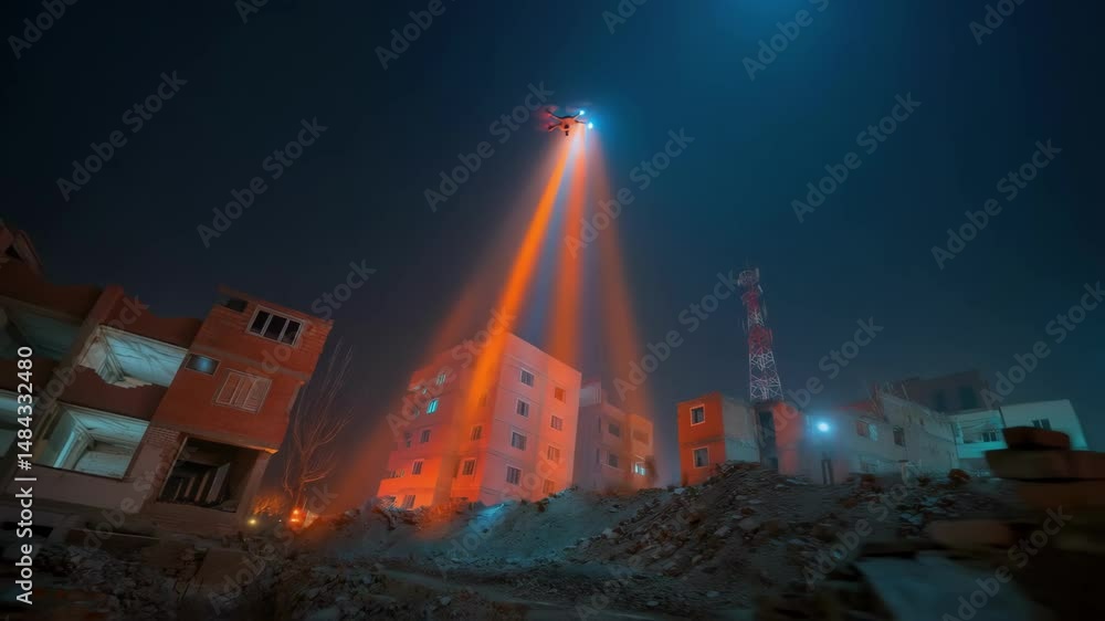 A nighttime scene where a drone illuminates a collapsed building with its lights while deploying a cell tower restoring connectivity to aid teams in a race against time.