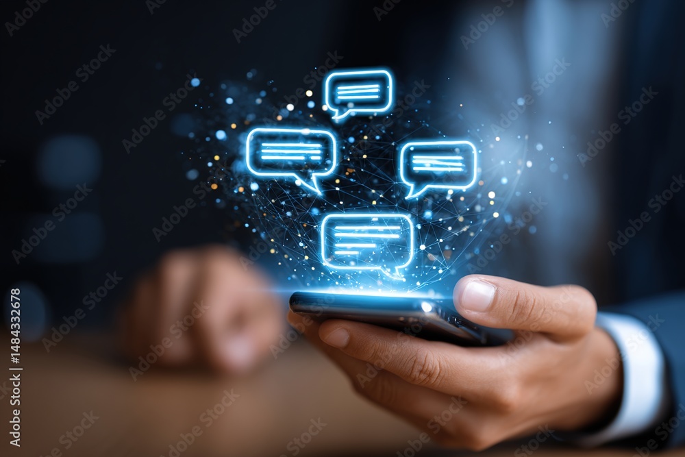 Businessman using AI chatbot conversation assistant in app on device for virtual assistance and customer support digital communication, Contact us Online service with AI Chatbot for efficient support. Businessman using AI chatbot conversation assistant in app on device for virtual assistance and customer support digital communication, Contact us Online service with AI Chatbot for efficient support.