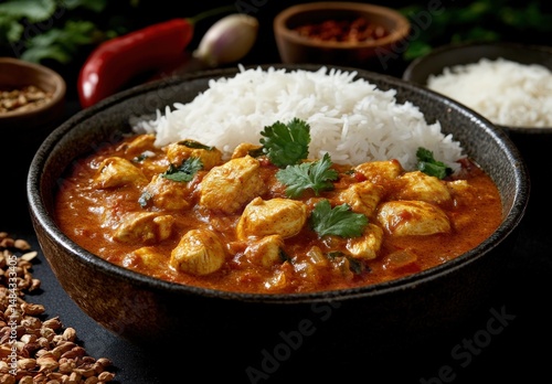 Delicious Chicken Curry Served with Steamed White Rice in a Rustic Bowl Surrounded by Spices on Dark Background