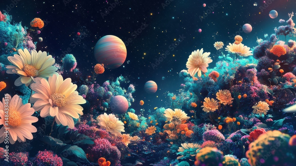 Cosmic Floral Garden Surreal Flowers Planets Stars Cosmic Floral Garden Surreal Flowers Planets Stars