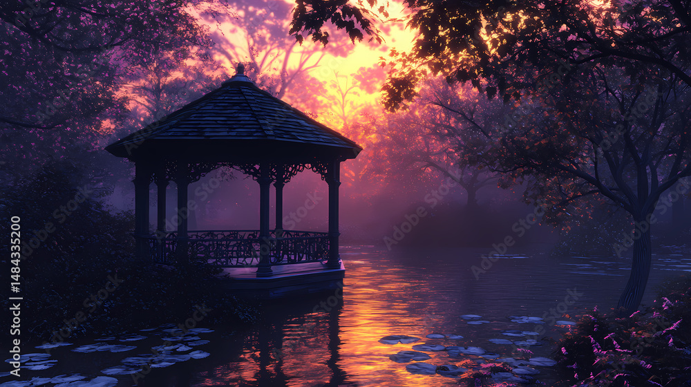 Fototapeta premium A serene twilight gazebo offering a peaceful refuge between day and night, bathed in soft, calming light. nightfall. illustration. [Seraphic Depths] | Glow Sanctuary | light refuge. Illustration